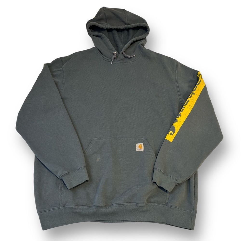 Carhartt Men's Hoodie - Dark Green with Yellow Sleeve Detail